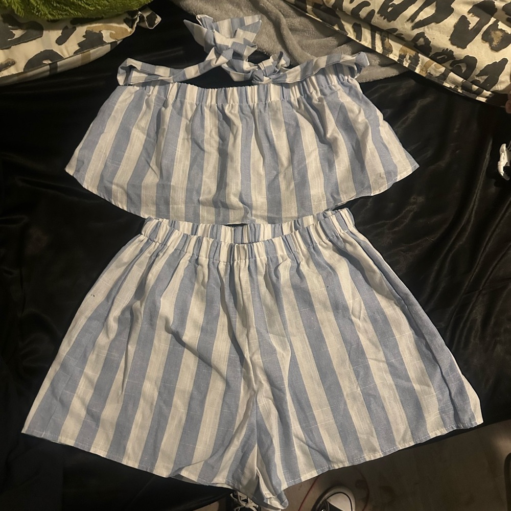 SHEIN Blue and White Striped Off-Shoulder With Straps